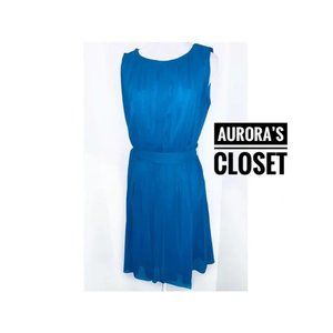 Calvin Klein 10 Blue Dress High Neck Pleated Belt Chiffon Sleeveless